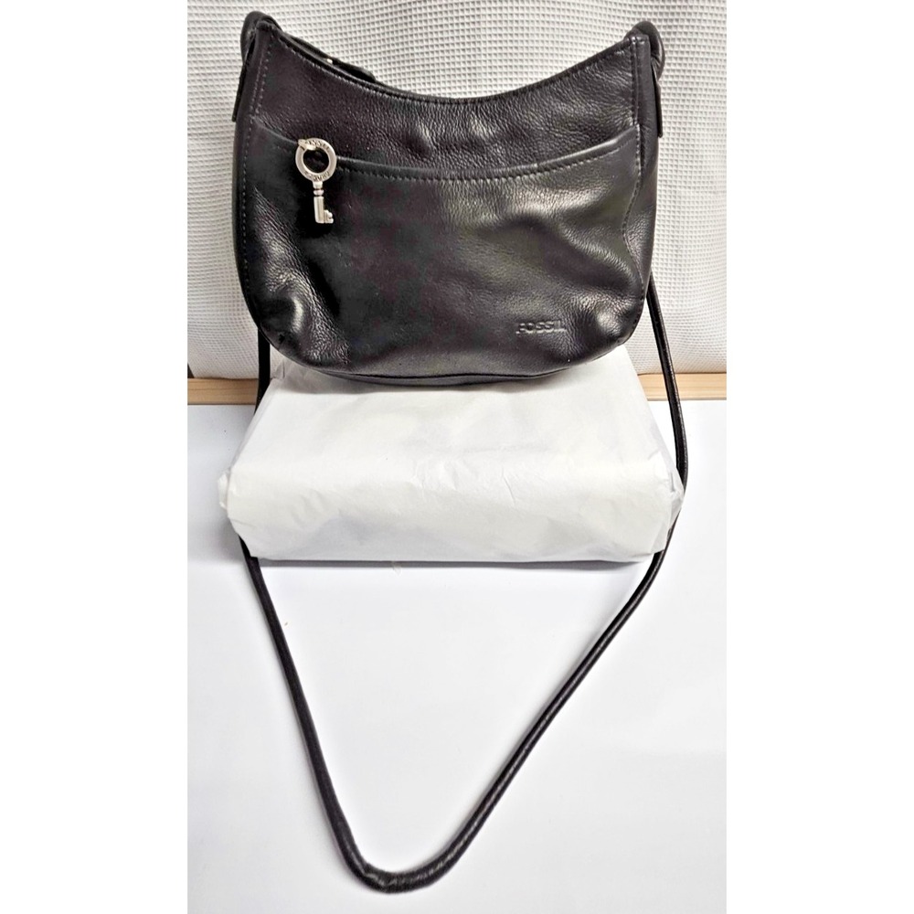 FOSSIL black leather two zippers small shoulder bag